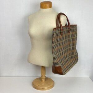 Rare J.Crew Vintage Tote Bag Classic Houndstooth Wool Plaid Leather